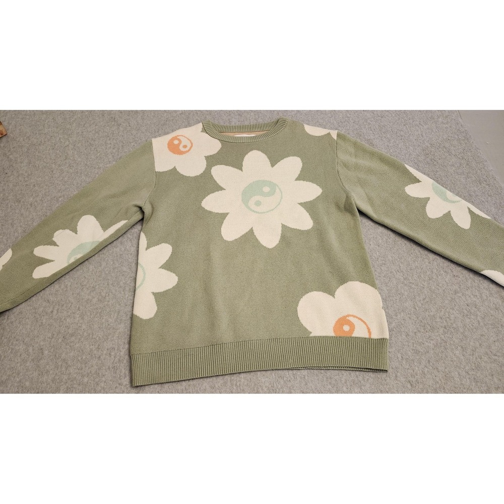 PacSun Sweater Mens‎ Small Sage Green Crewneck Knit Daisy Yin Yang Pullover